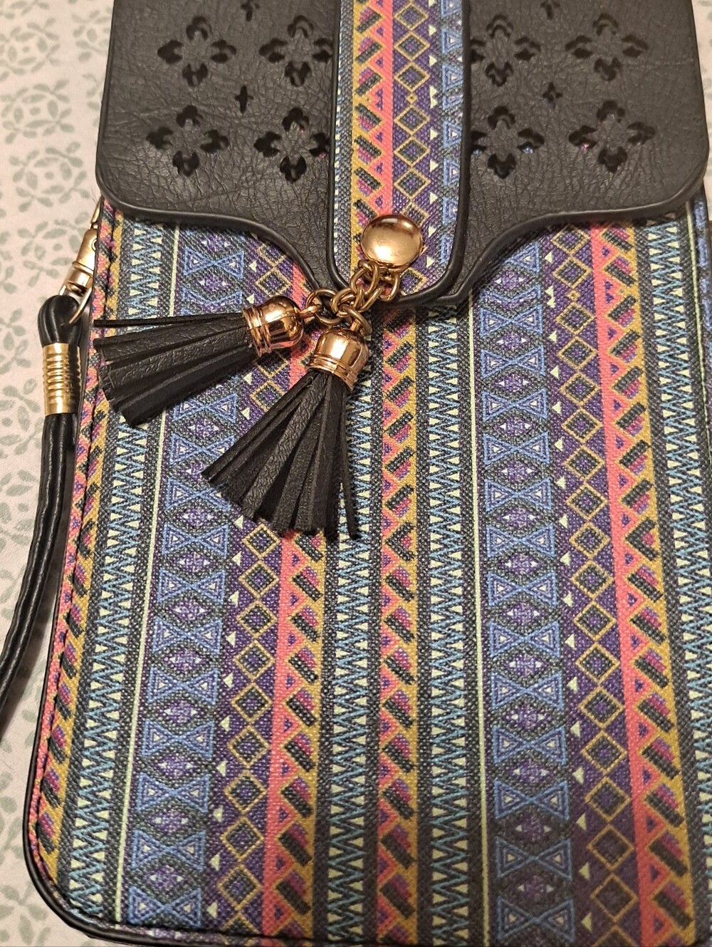 Patterned Crossbody Phone Bag with Tassels - Black & Multi - Picture 4 of 6